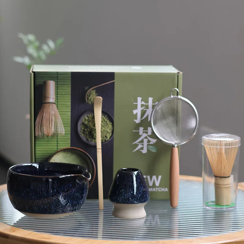 Traditional Blue Matcha Tea Set with Bowl and Whisk