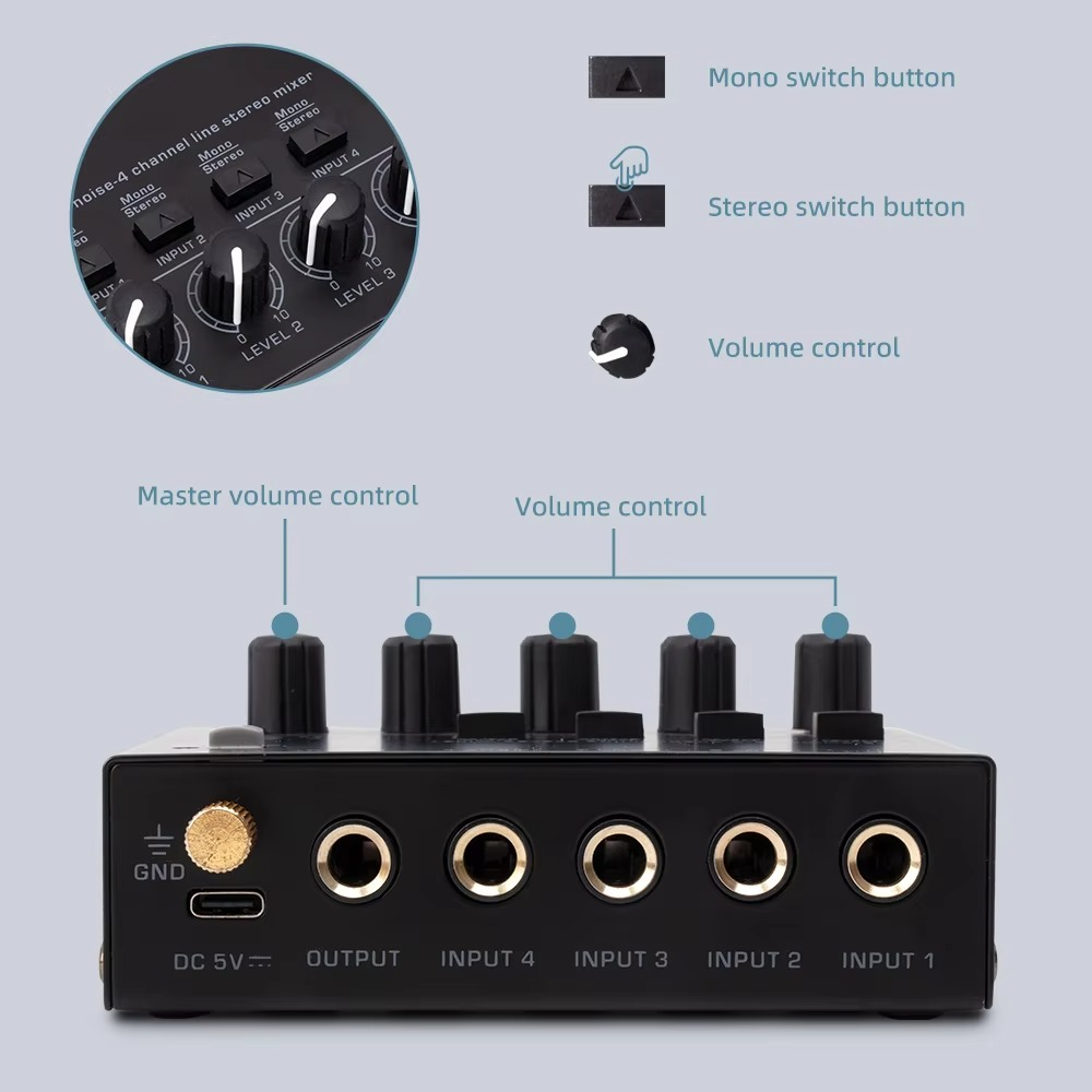 Portable 4-Channel Mini Audio Mixer with Stereo Output