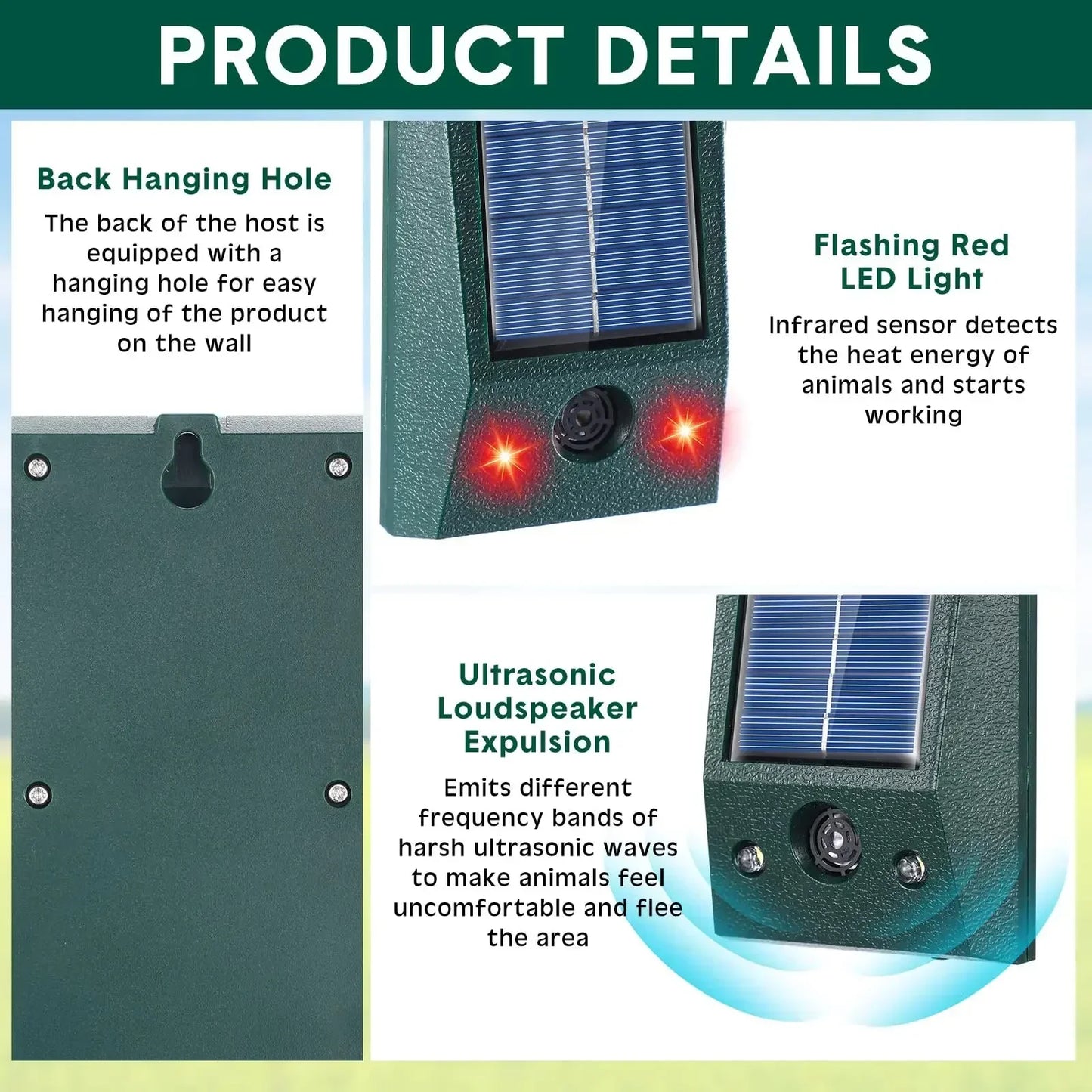 Outdoor Solar Powered Bird Repeller with LED and Sensor