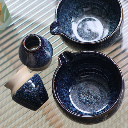 Traditional Blue Matcha Tea Set with Bowl and Whisk