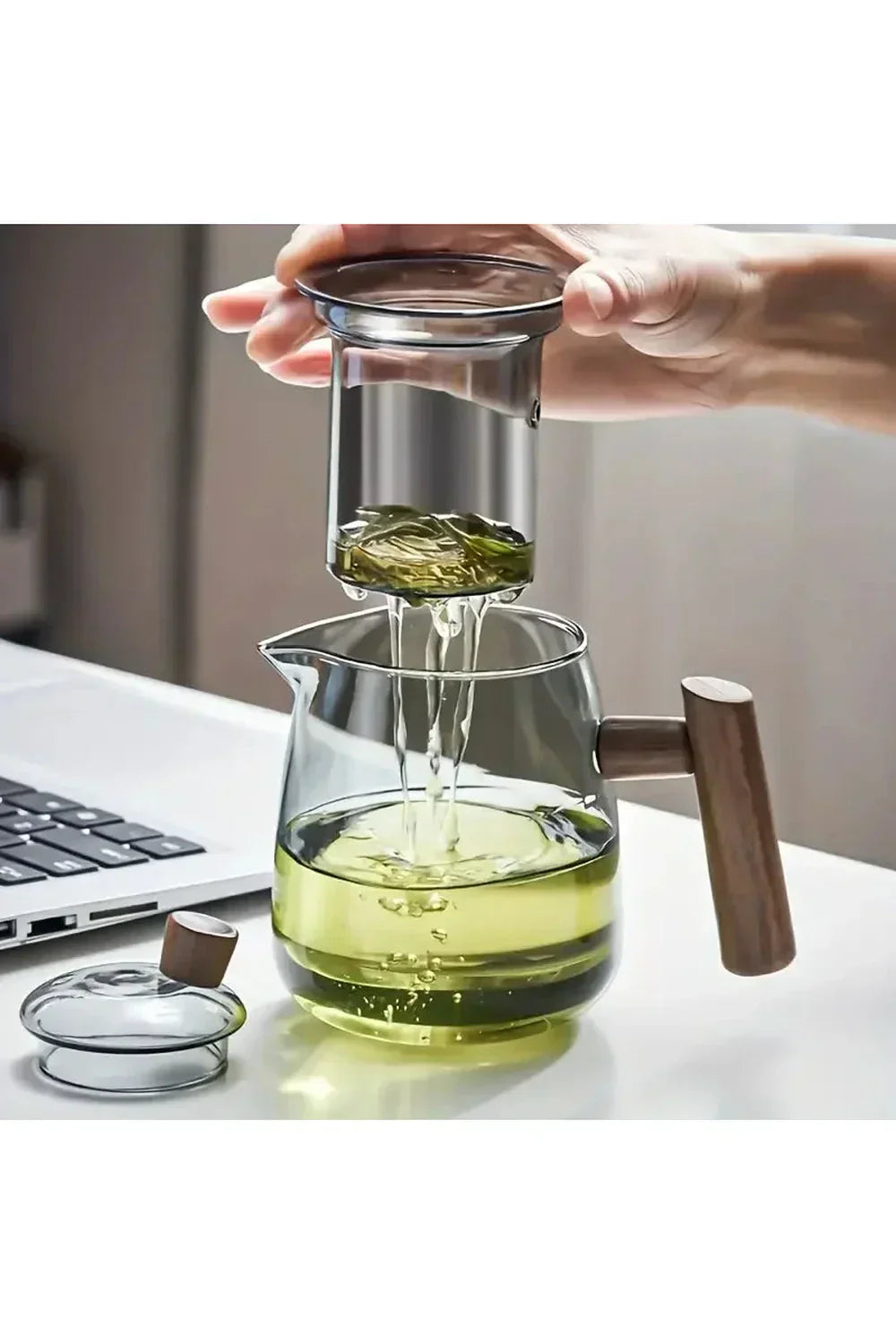 Elegant Wooden Handle Glass Teapot