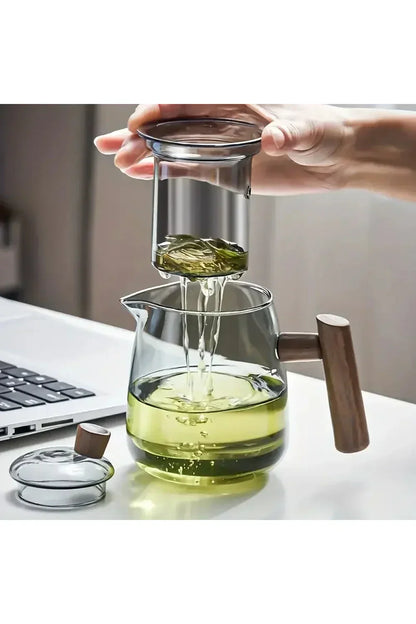 Elegant Wooden Handle Glass Teapot