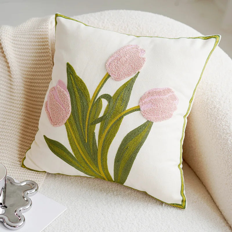 Colorful Floral Embroidered Pillow Case