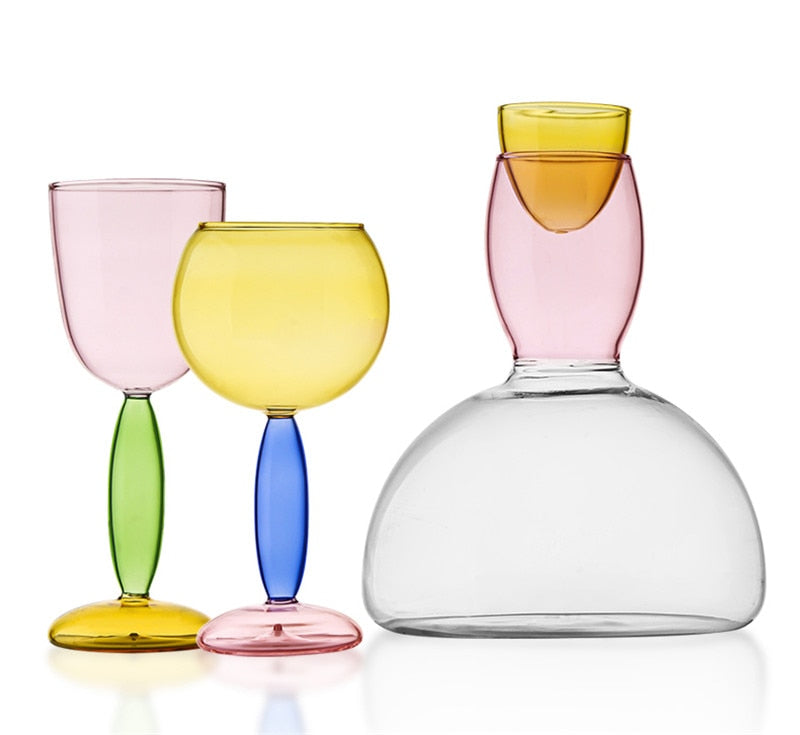 Colorful Glass Chalice and Carafe Set