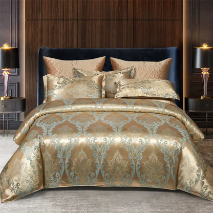 Elegant Soft Gold Blue Patterned Duvet Cover