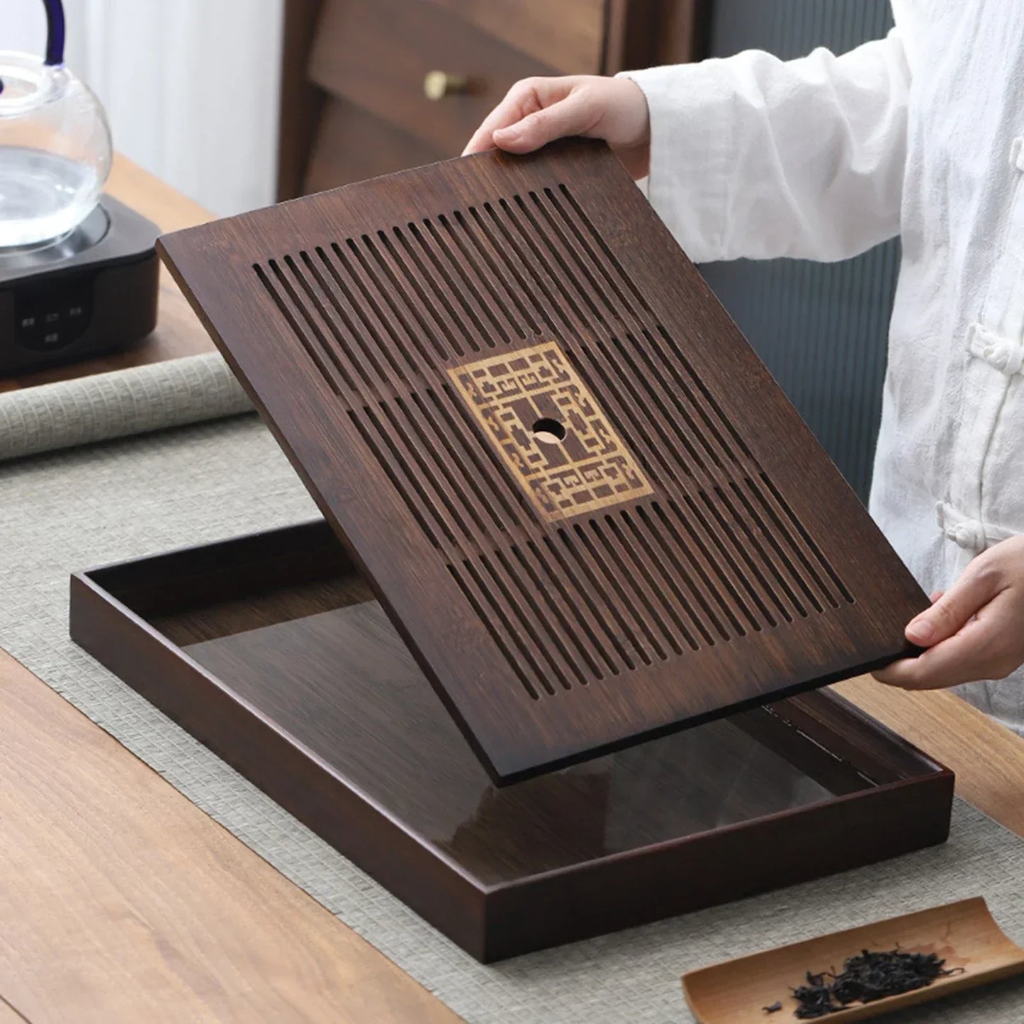 Large Wooden Tea Serving Tray with Built-in Water Container