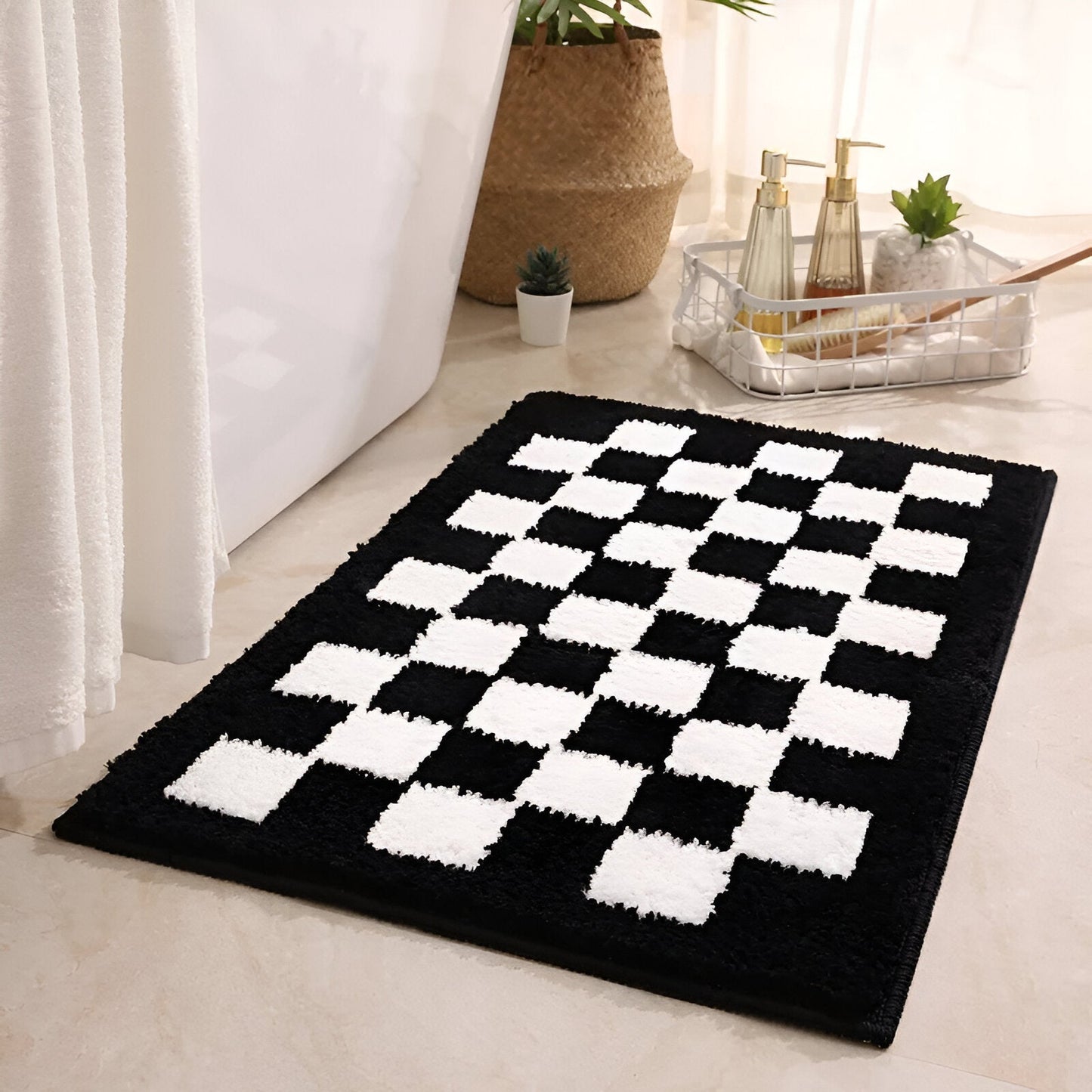 Soft Checker Pattern Bathroom Mat Black White - Cofik