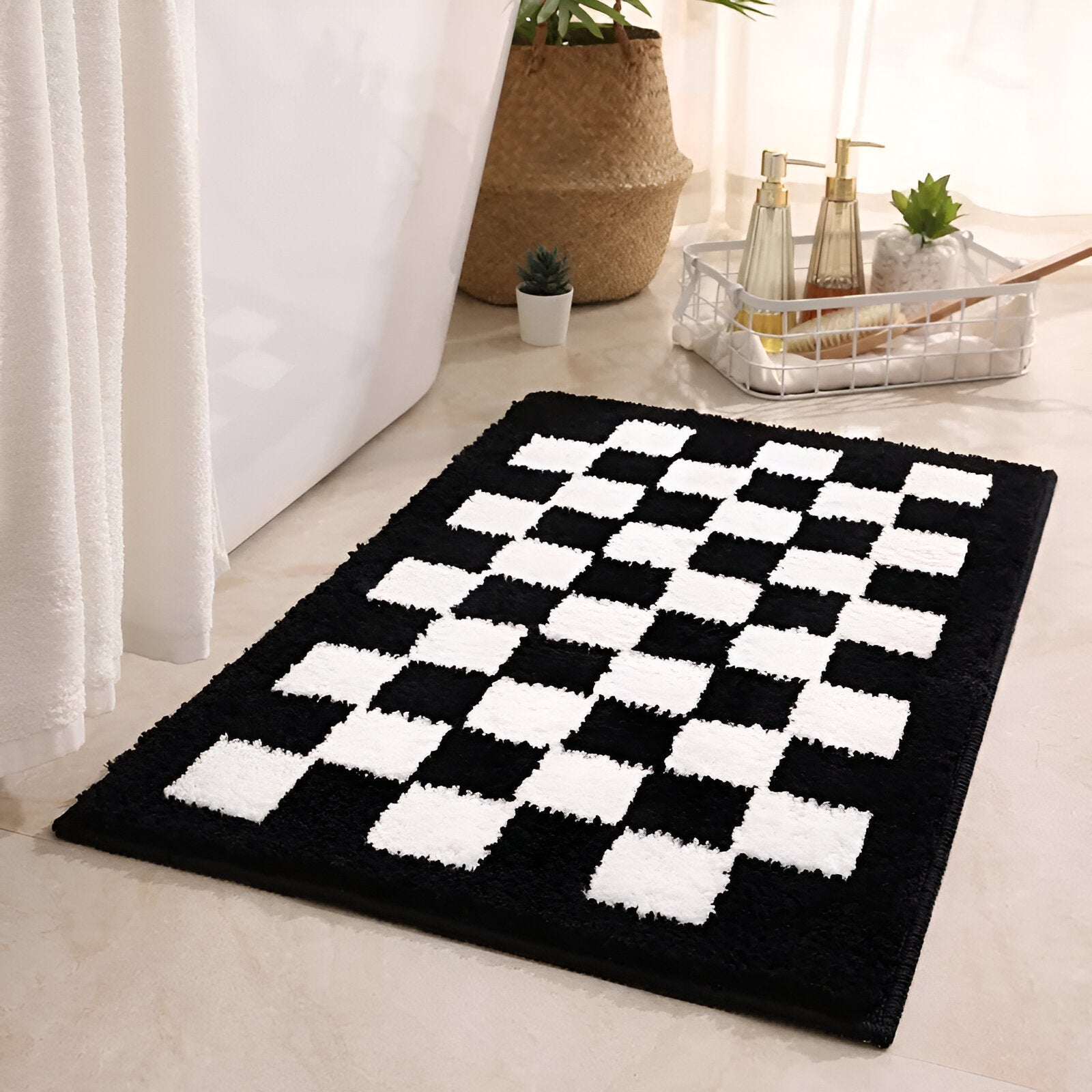 Soft Checker Pattern Bathroom Mat Black White - Cofik