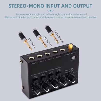 Portable 4-Channel Mini Audio Mixer with Stereo Output