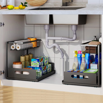 2-Tier Under Sink Rollout Storage Cabinet Organizer