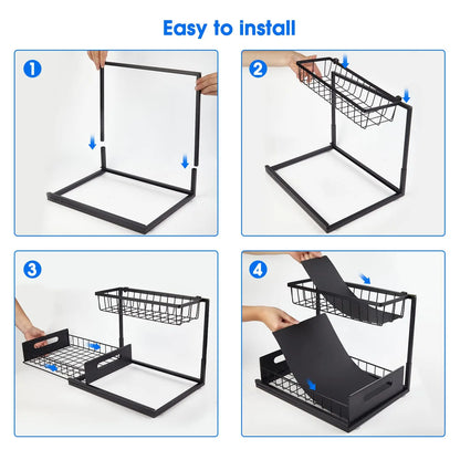 2-Tier Under Sink Rollout Storage Cabinet Organizer