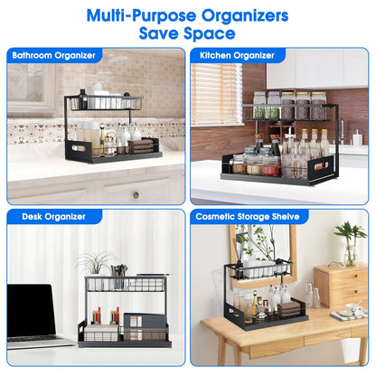 2-Tier Under Sink Rollout Storage Cabinet Organizer