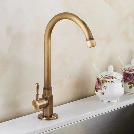 Vintage Brass Kitchen Faucet with Swan Neck Spout - Cofik