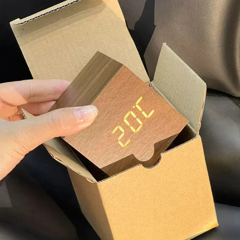 Compact Digital Wooden Alarm Clock with Temperature Display