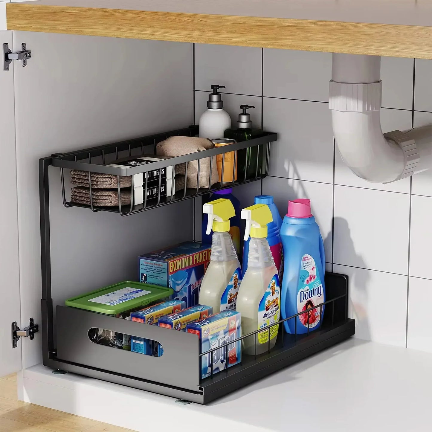 2-Tier Under Sink Rollout Storage Cabinet Organizer - Cofik