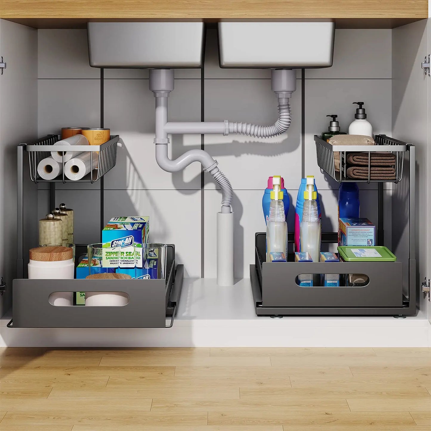 2-Tier Under Sink Rollout Storage Cabinet Organizer