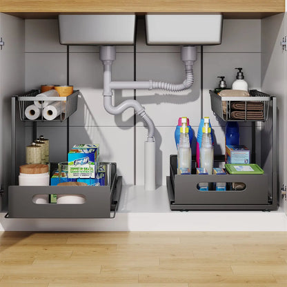 2-Tier Under Sink Rollout Storage Cabinet Organizer