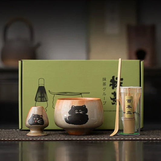 Green Tea Cat Mug Set 4pc Bamboo Spoon Ceramic Cup - Cofik
