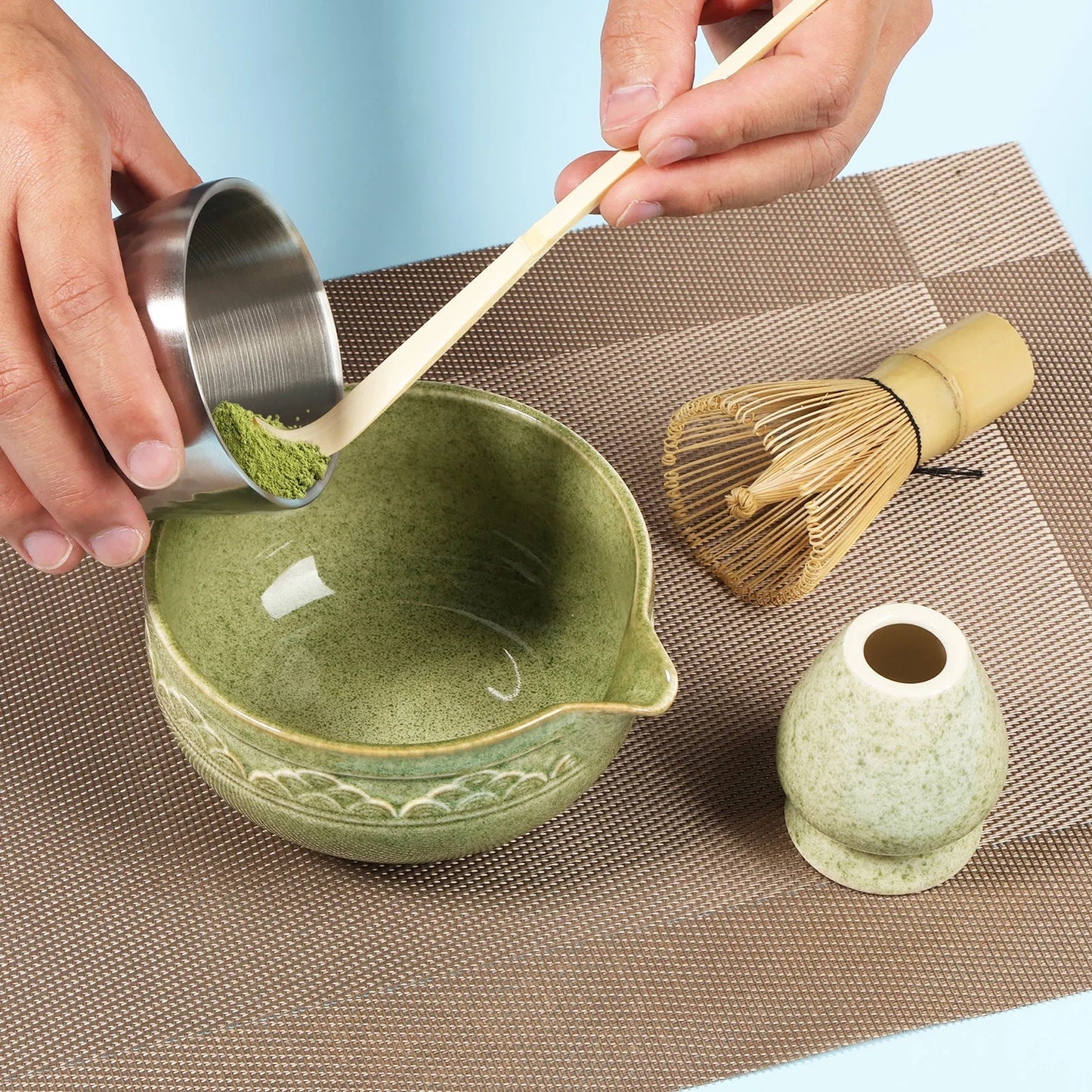 Japanese Tea Set 5-Piece Ceramic Bowl Whisk Holder Spoon