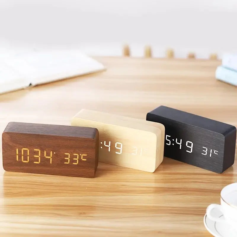 Stylish Wooden LED Clock with Alarm and Temperature