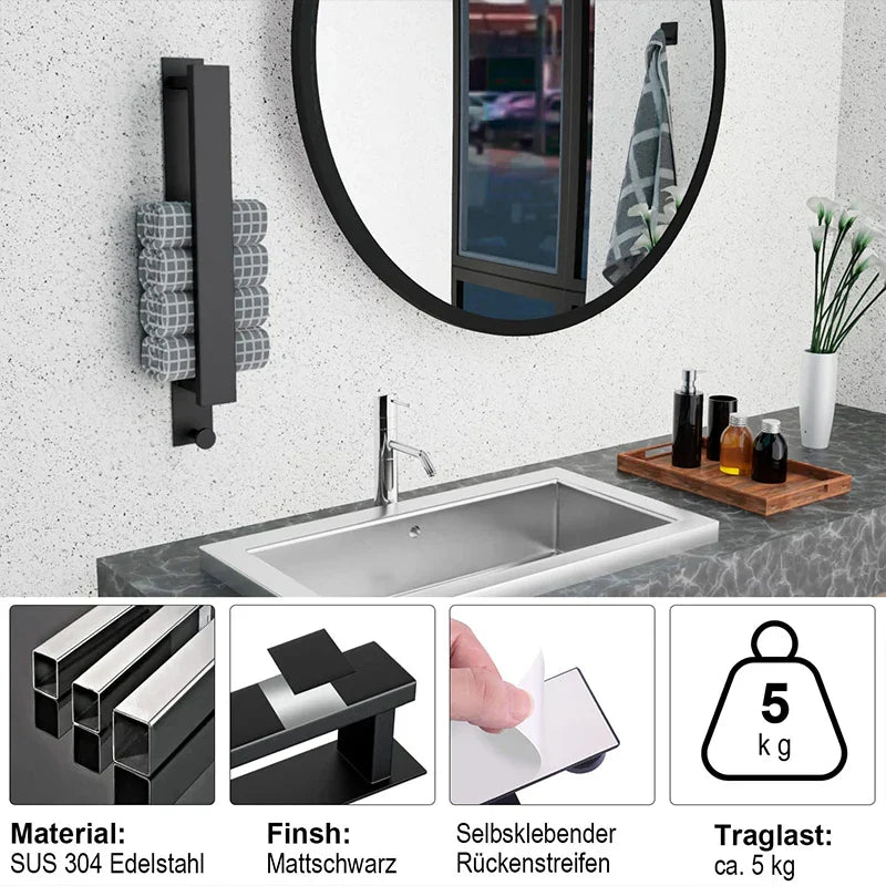 Sleek Adhesive Wall Towel Holder in Silver and Black