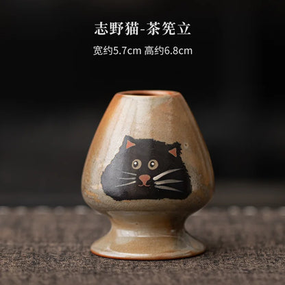 Green Tea Cat Mug Set 4pc Bamboo Spoon Ceramic Cup