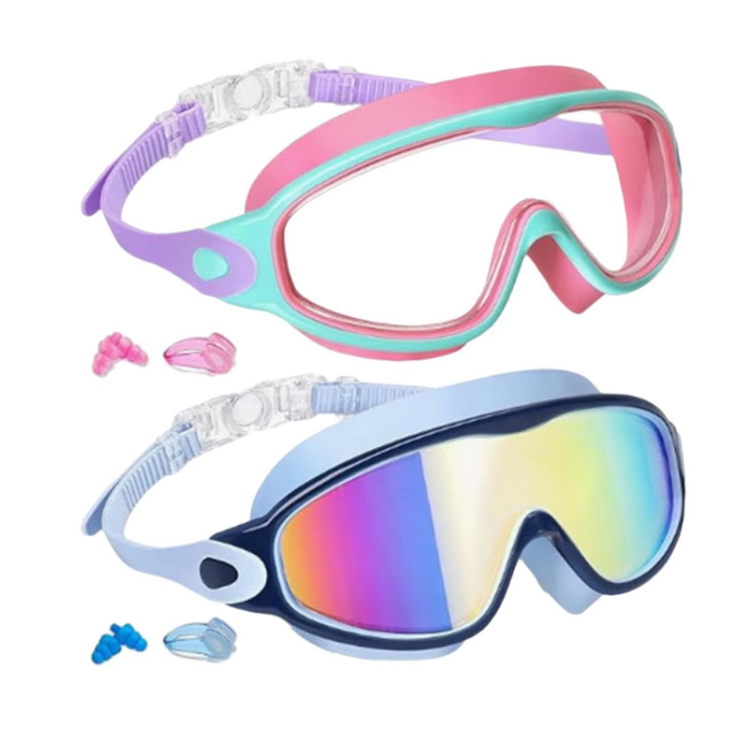 Kids Swim Goggles - Leakproof Panoramic Mask with Earplugs