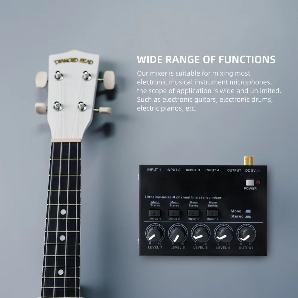 Portable 4-Channel Mini Audio Mixer with Stereo Output