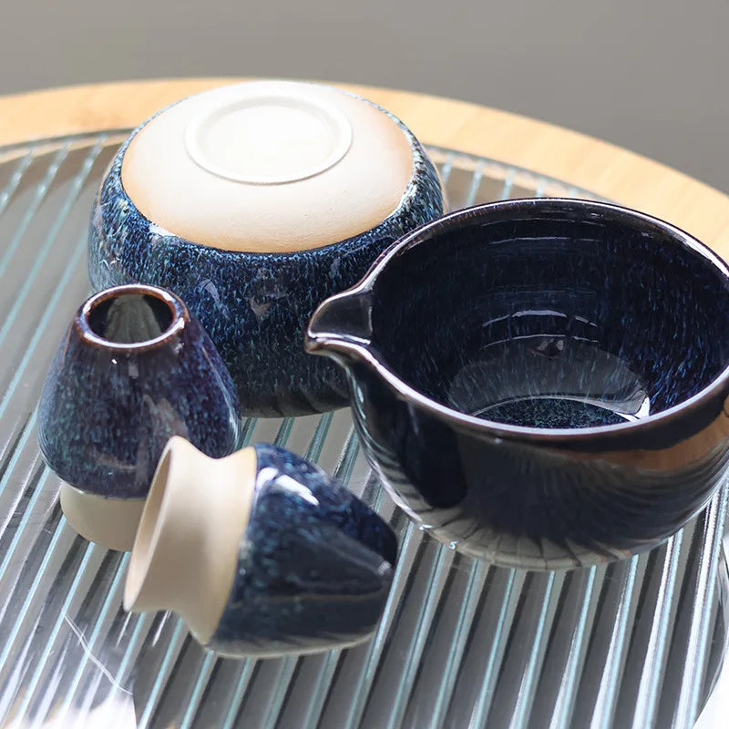 Traditional Blue Matcha Tea Set with Bowl and Whisk