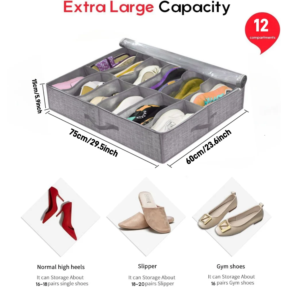 Compact Underbed Shoe Storage Rack 12 Pair Holder