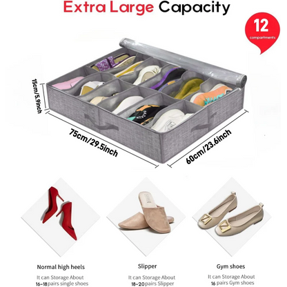 Compact Underbed Shoe Storage Rack 12 Pair Holder