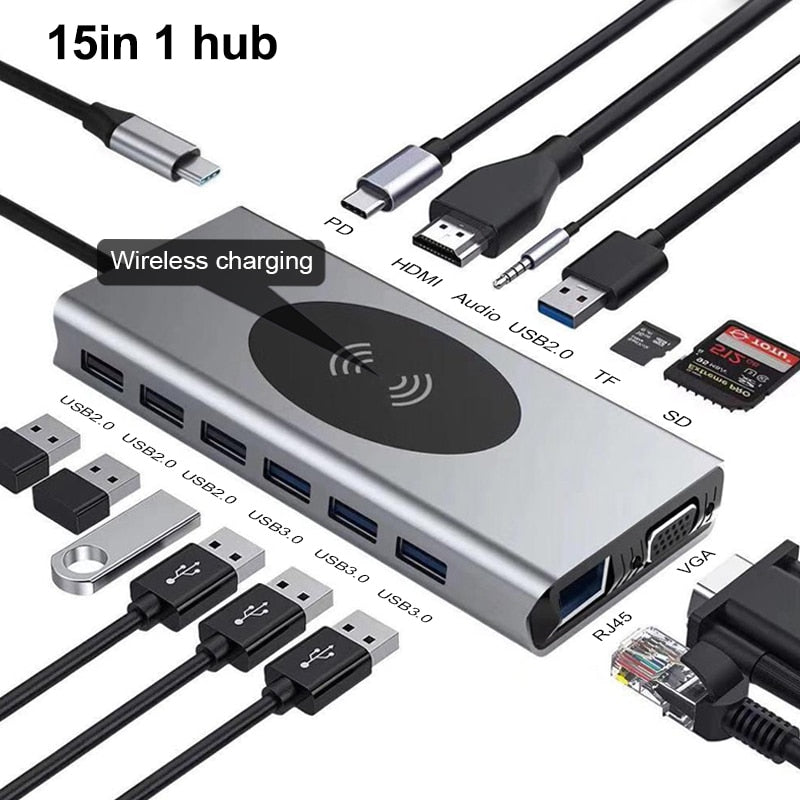 Compact USB-C Charging Station with 15in1 Hub