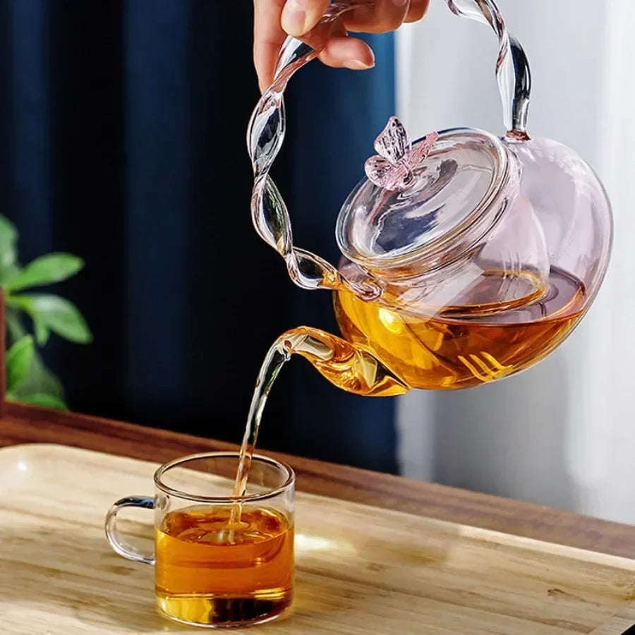 Delicate Flower Top Clear Glass Tea Pot Infuser