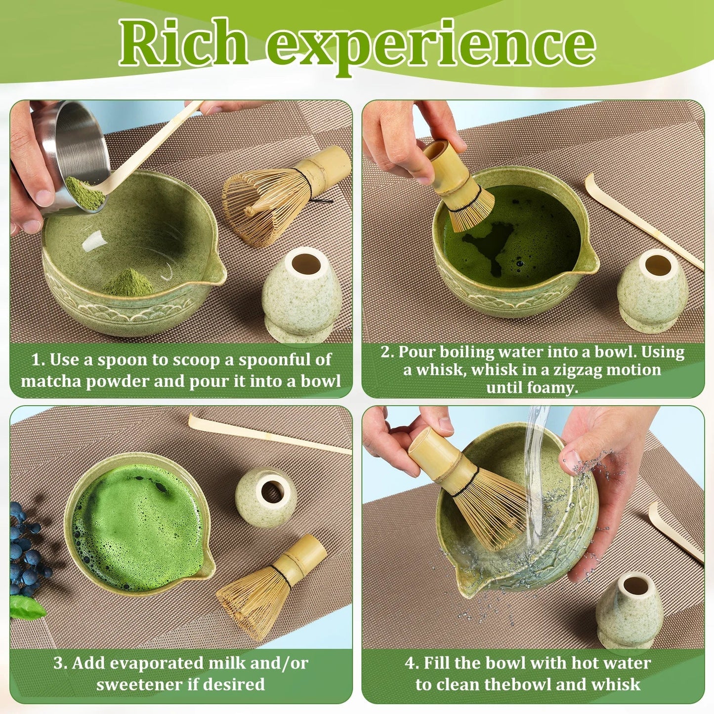 Japanese Tea Set 5-Piece Ceramic Bowl Whisk Holder Spoon