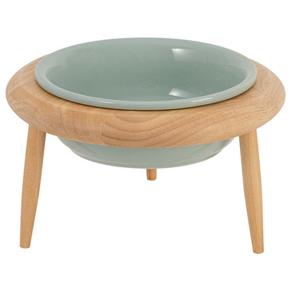 Elevated Pet Feeder Ceramic Cat Dish with Wood Base