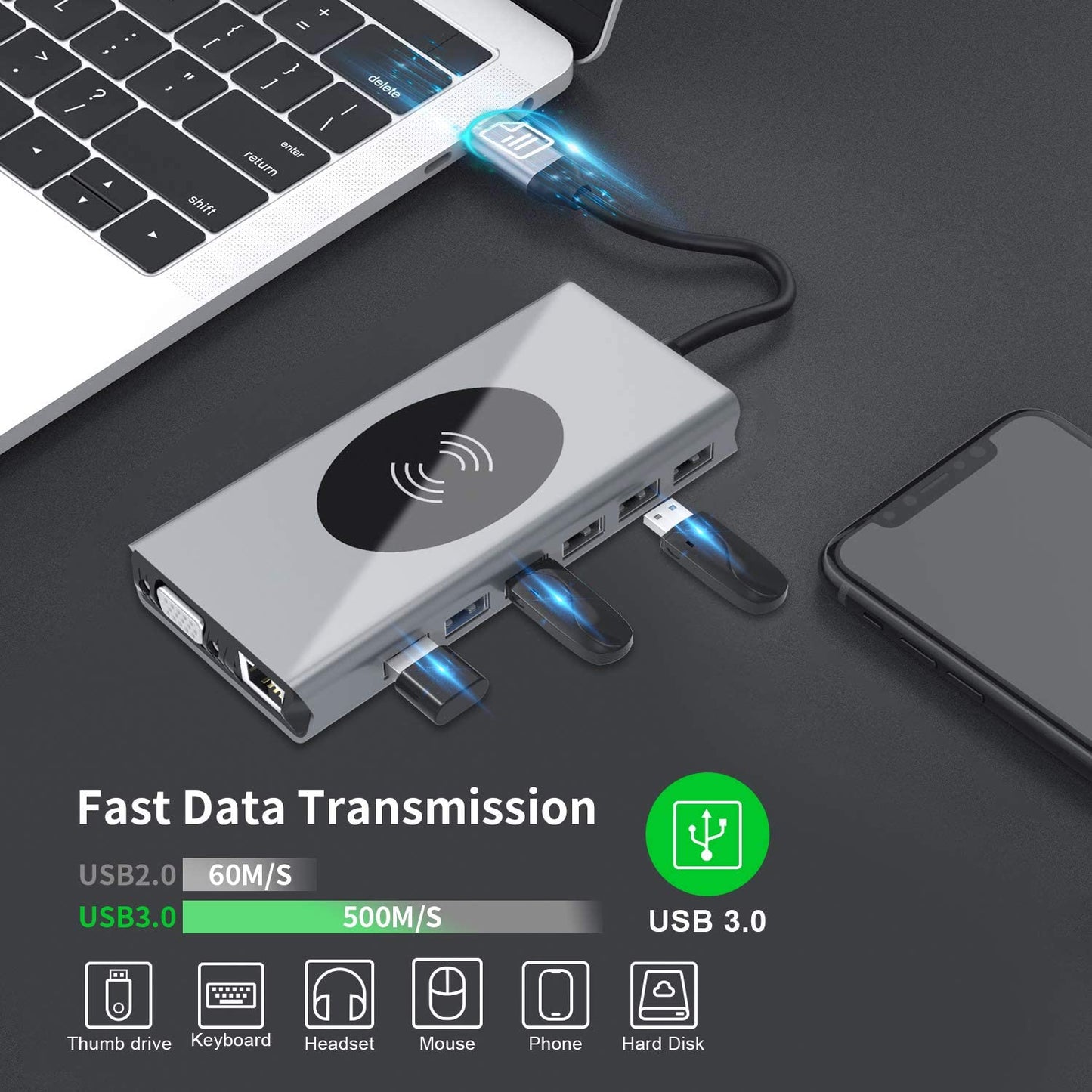 Compact USB-C Charging Station with 15in1 Hub