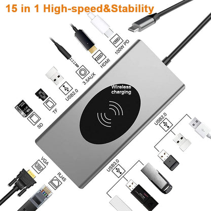 Compact USB-C Charging Station with 15in1 Hub