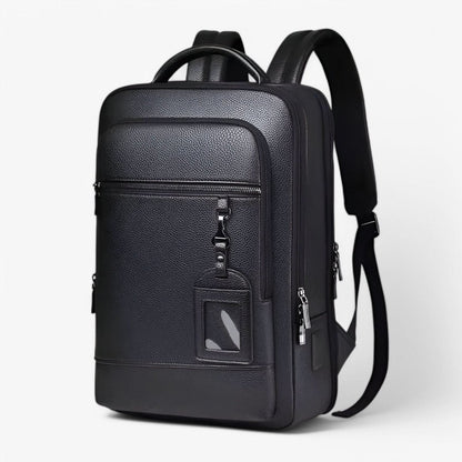Stylish Leather Backpack with USB Port, 15.6 Inch, Black - Cofik