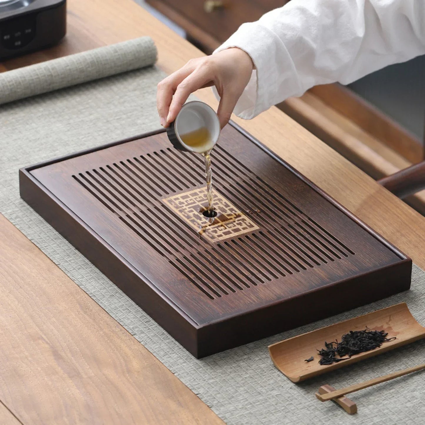 Large Wooden Tea Serving Tray with Built-in Water Container