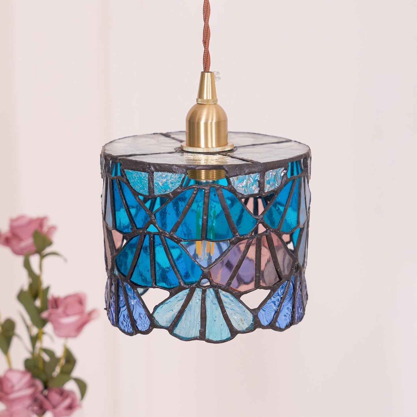Beautiful Glass Pendant Light Blue Pink Brass Ceiling Lamp