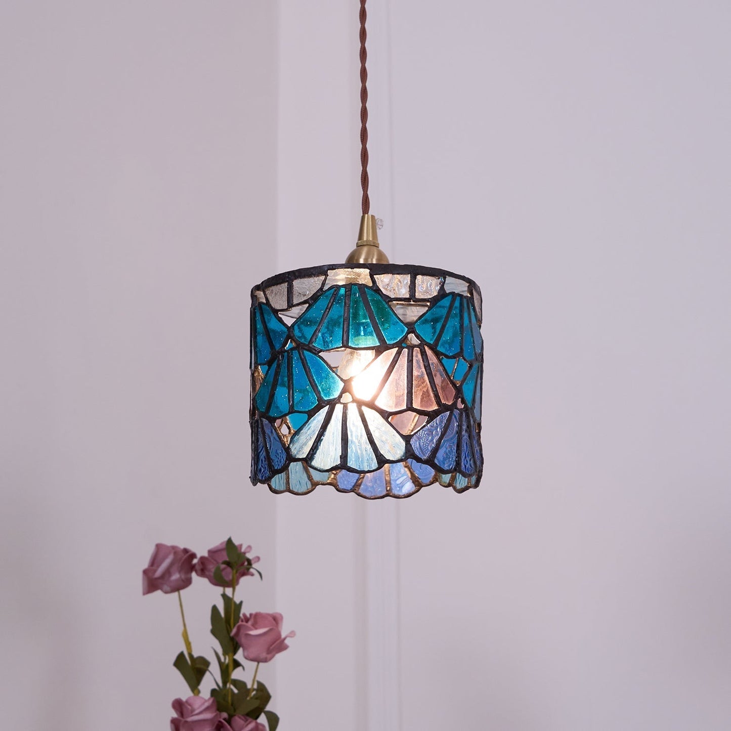 Beautiful Glass Pendant Light Blue Pink Brass Ceiling Lamp