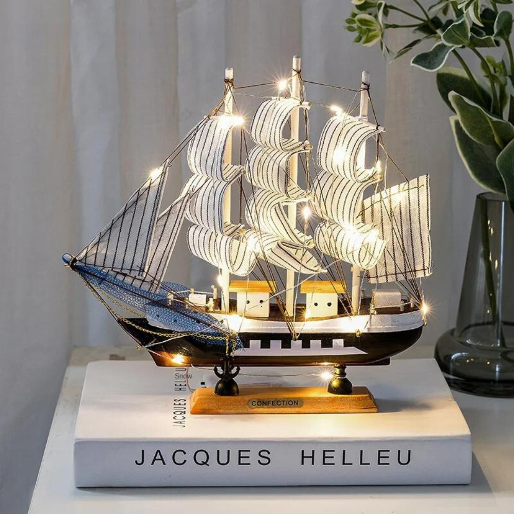 Coastal Wooden Sailboat LED Decorative Figurine