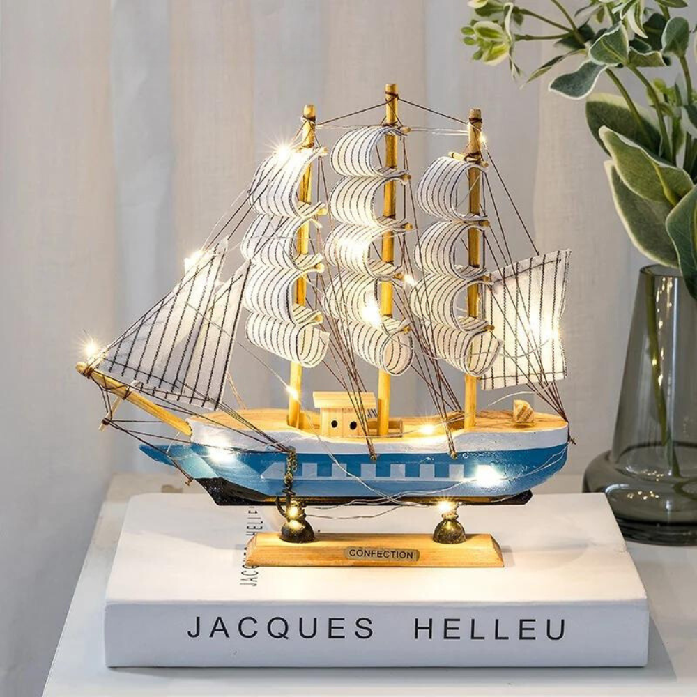 Coastal Wooden Sailboat LED Decorative Figurine