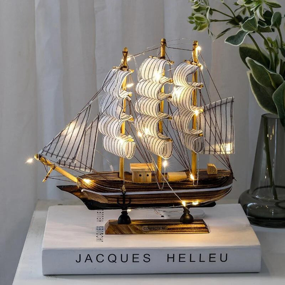 Coastal Wooden Sailboat LED Decorative Figurine - Cofik
