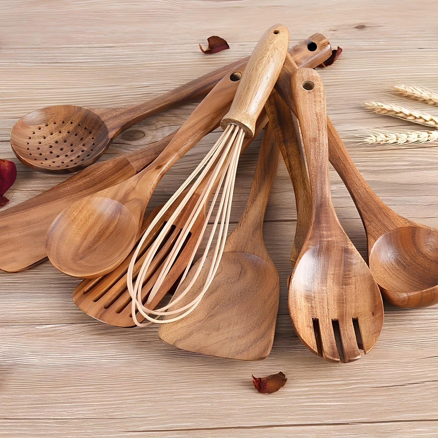 Natural Wood 11-Piece Kitchen Tool Set with Storage