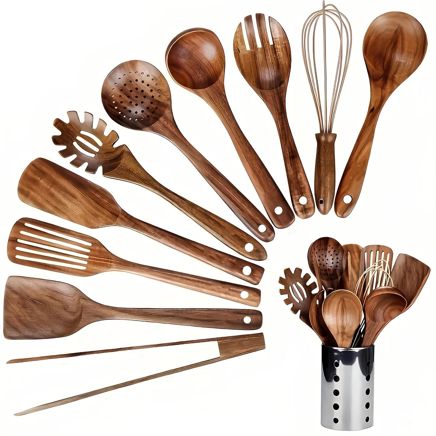 Natural Wood 11-Piece Kitchen Tool Set with Storage - Cofik