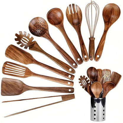 Natural Wood 11-Piece Kitchen Tool Set with Storage - Cofik