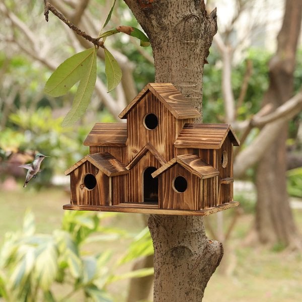 Natural Wood Bird Feeder with 6 Compartments