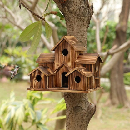 Natural Wood Bird Feeder with 6 Compartments