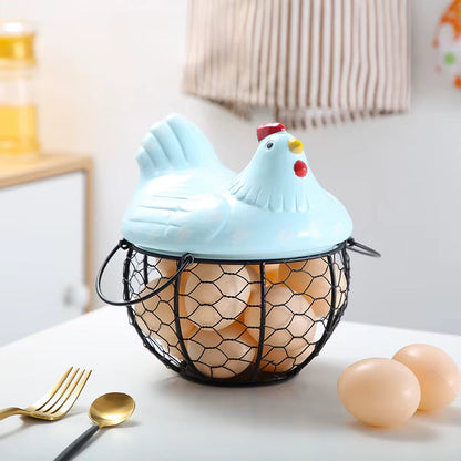 Farm Fresh Ceramic Egg Holder with Metal Basket